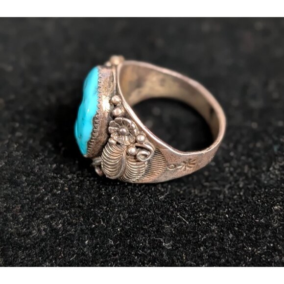 Vintage Turquoise Ring Intricate Silver Leaf Design Southwestern Statement - Picture 7 of 14